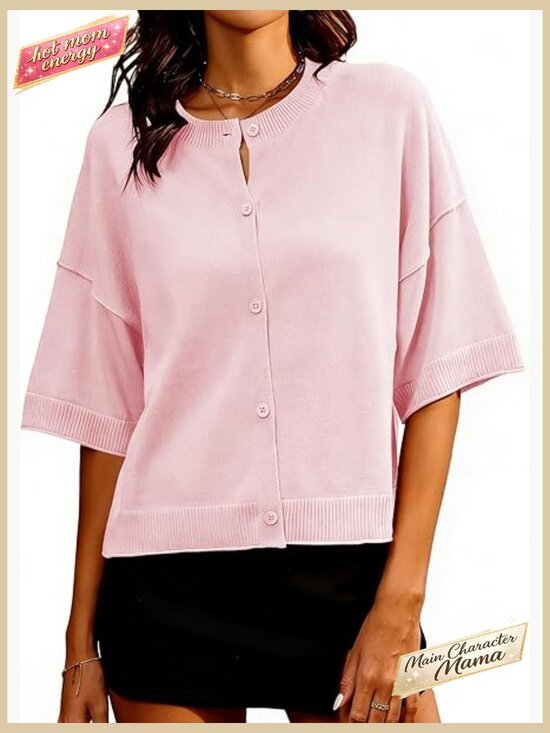 Sweaters - Short Sleeve Button Up Cardigan Lightweight Knit Casual Tops Crewneck